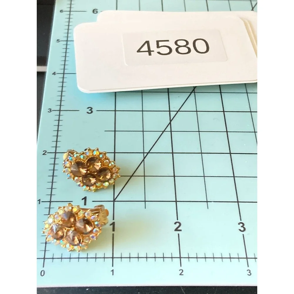 Vintage Clip On Earrings AB Halo Gold Tone Smoky Brown Rhinestone Romantic Glam